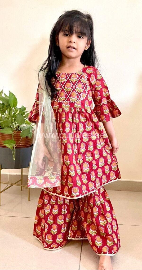 Crimson print kurti sharara set