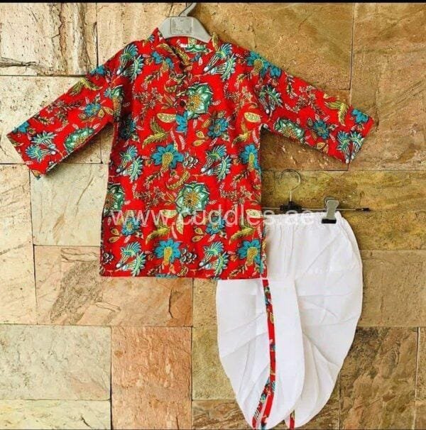 Red floral print dhoti set
