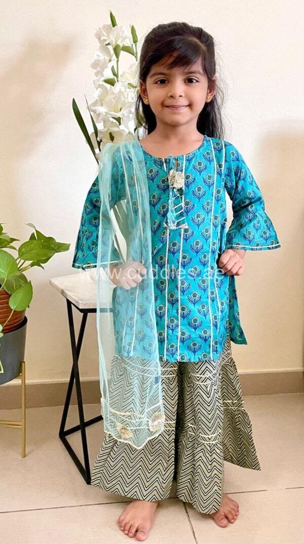 Turquoise blue floral print kurti set