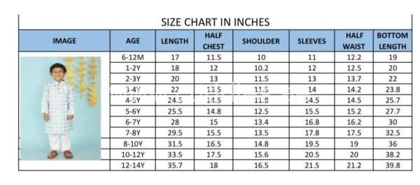 Sky blue foil print Kurta pajama set size chart