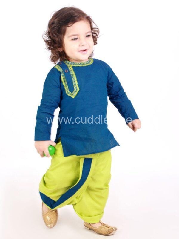 Blue and green Handloom woven kurta Dhoti set