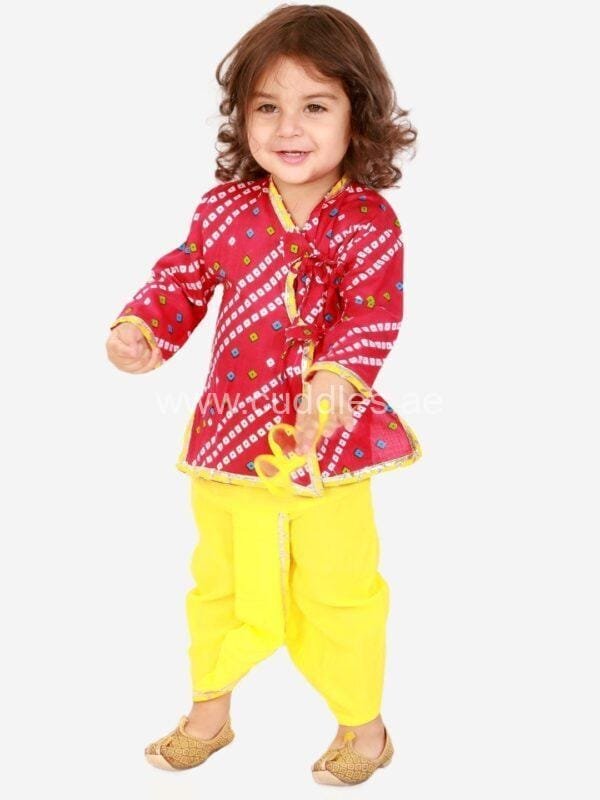 Rani pink and Yellow Bandhani printed Dhoti kurta
