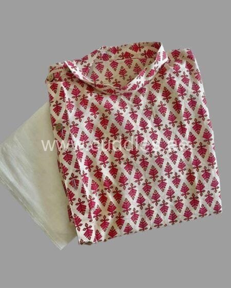 Off white, buti printed soft cotton Kurta with Mandarin collar with side button opening, full sleeves but foldable, paired with white pajama with drawstring