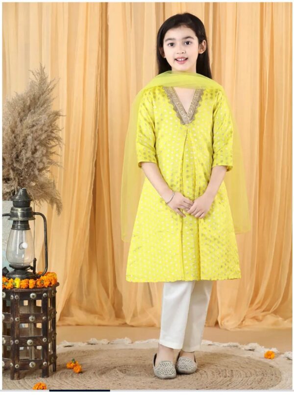Yellow silk Kurti with trousers and Dupatta set