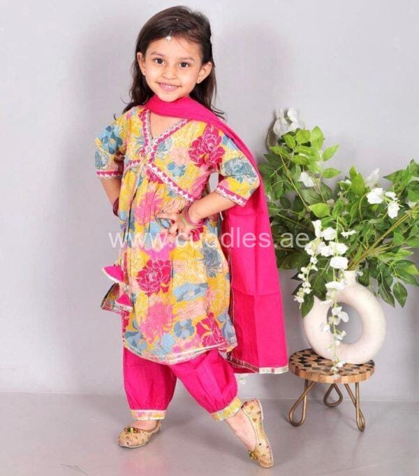 Pink Alia Kurti with Afghani Pant and Dupatta