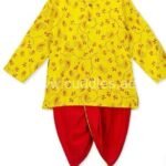 Bright yellow leaf print beautiful Kurta paired with Red Dhoti