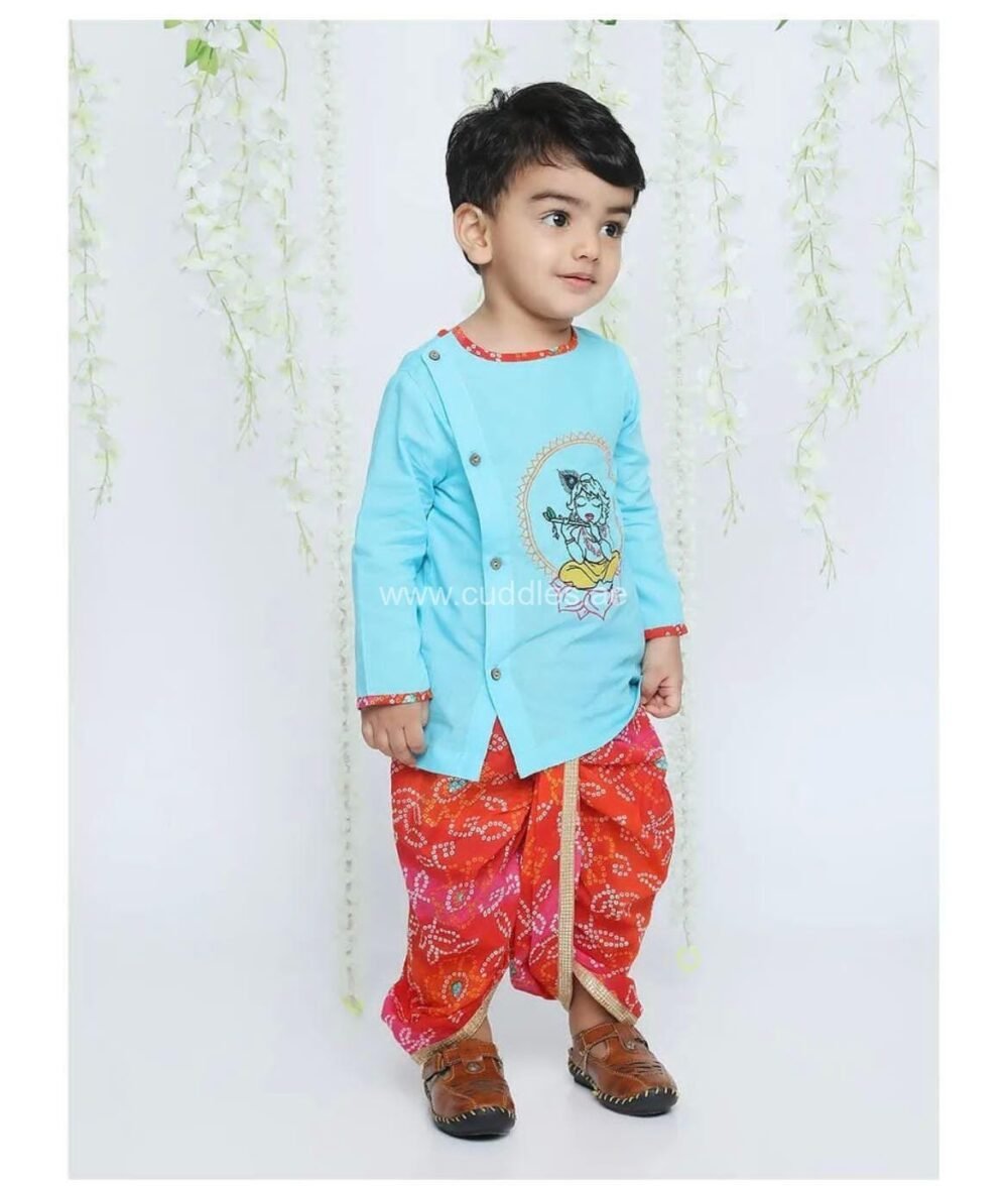 Purple Krishna embroidered Dhoti kurta set - Image 3