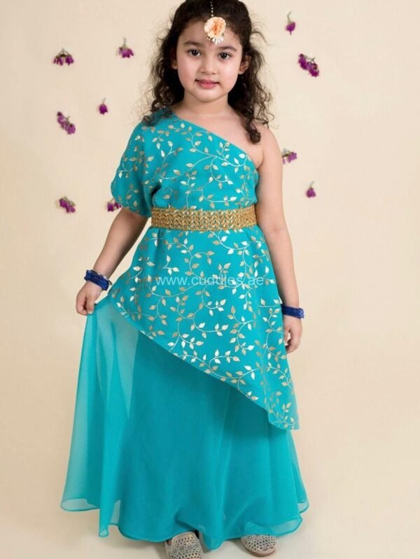 Turquoise blue Drape top and Skirt set