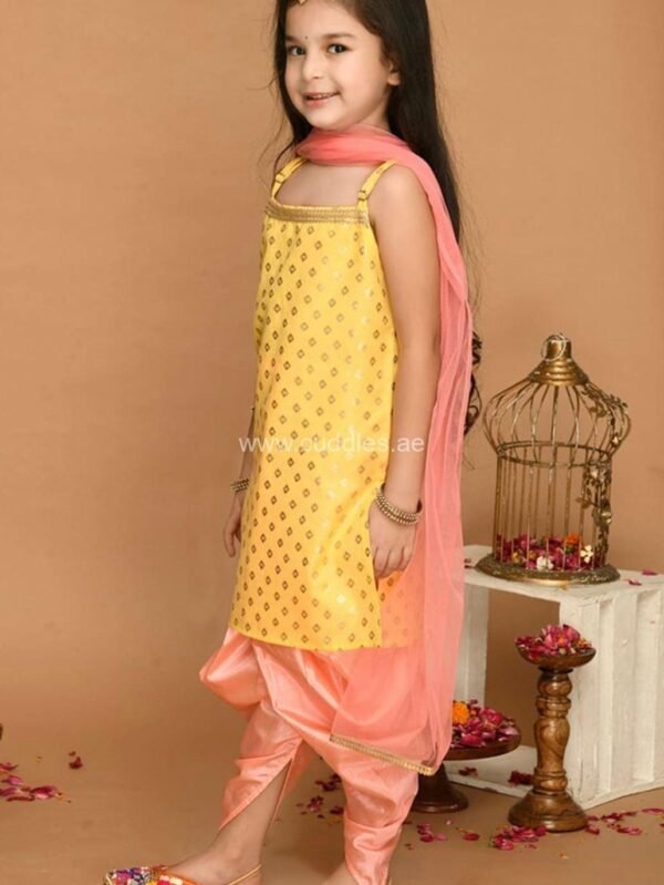 Golden yellow and peach Kurti Dhoti set with Dupatta - Image 3
