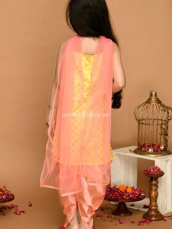 Golden yellow and peach Kurti Dhoti set with Dupatta - Image 2