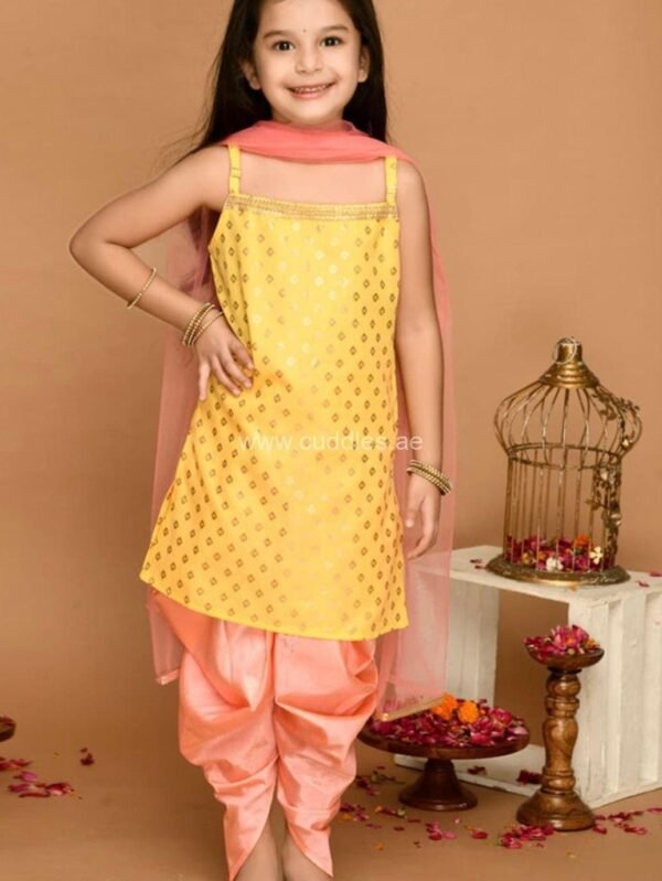 Golden yellow and peach Kurti Dhoti set with Dupatta
