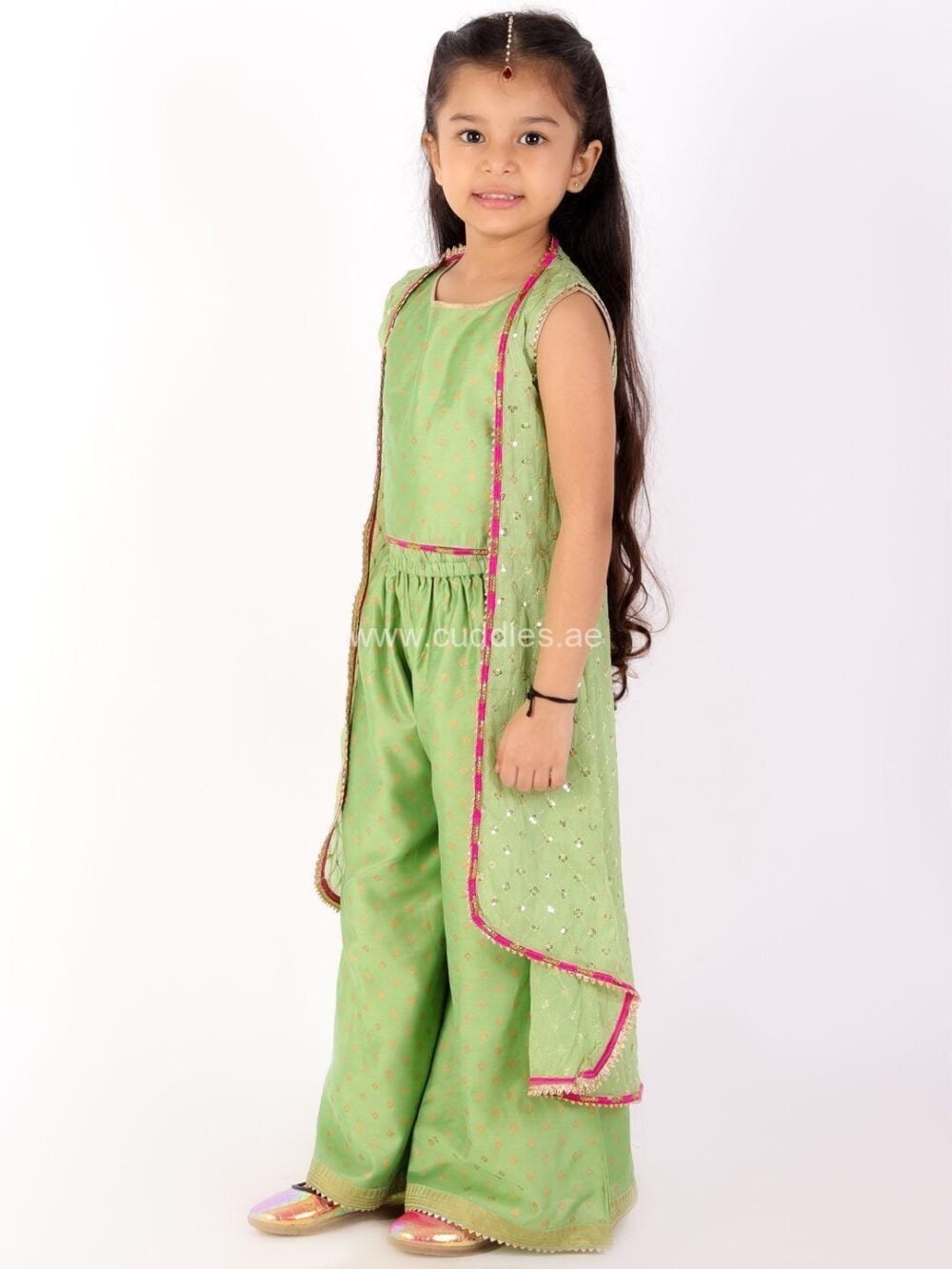 Pistachio green Crop top Palazzo with Jacket set - Image 3