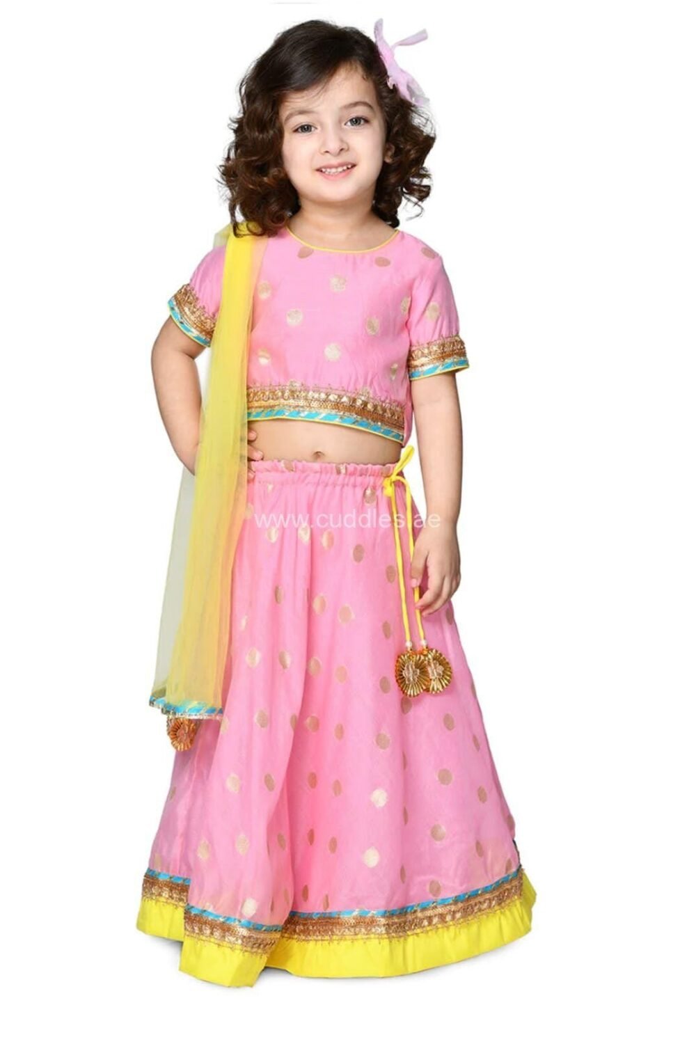 Pink and Lime yellow Lehenga Choli with Dupatta set