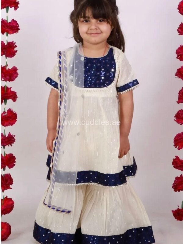 Off white and Indigo Blue Kurta with Sharara and Dupatta