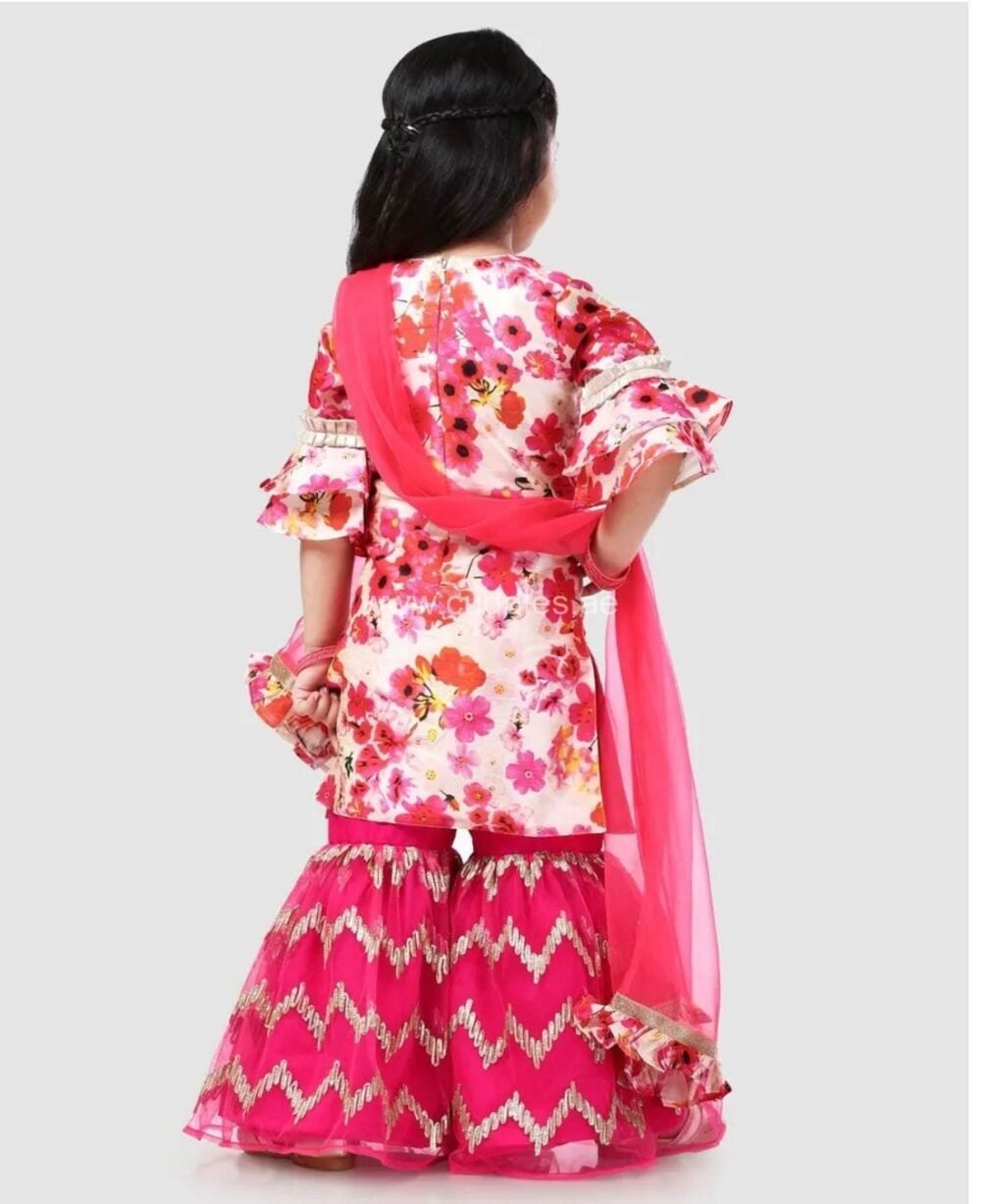 Rani pink floral Kurti with  Sharara and Dupatta - Image 3