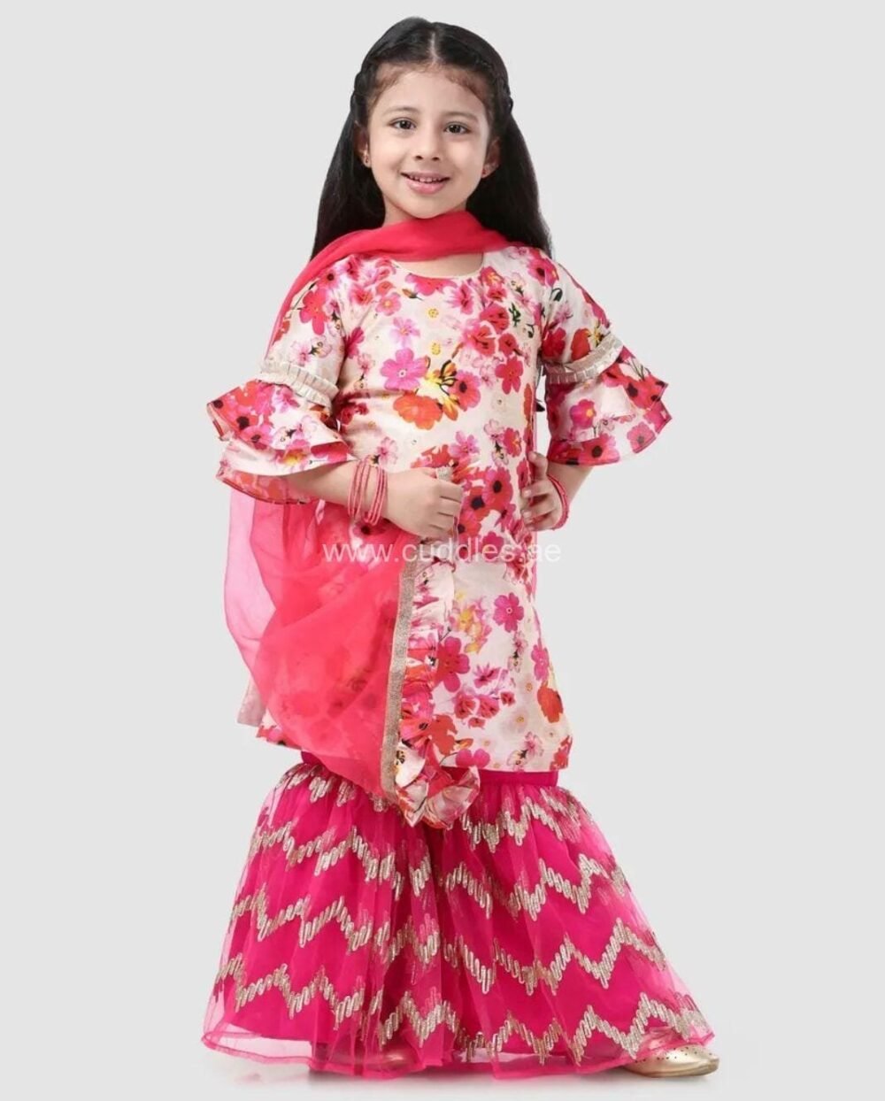 Rani pink floral Kurti with  Sharara and Dupatta