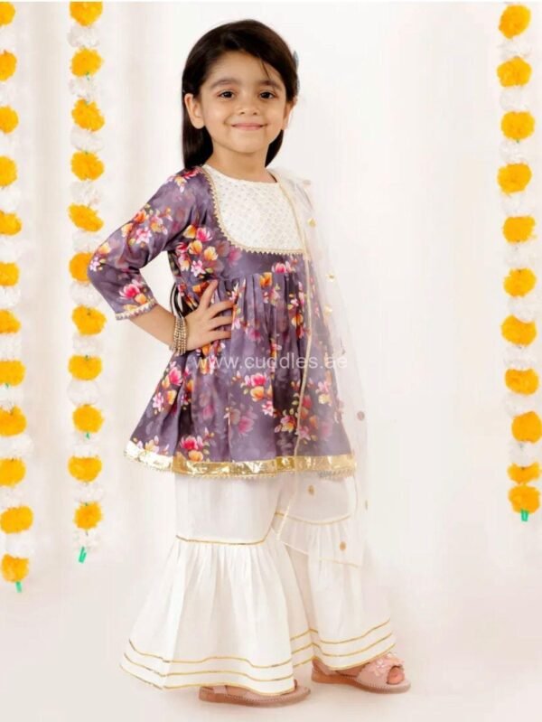 Purple and Cream Kurta with Sharara and Dupatta - Image 2