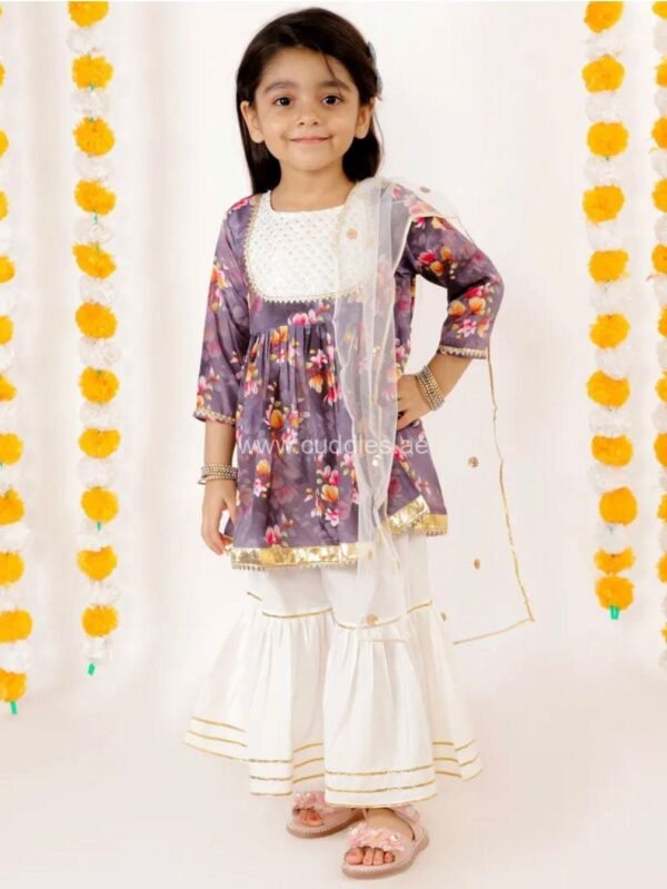 Purple and Cream Kurta with Sharara and Dupatta