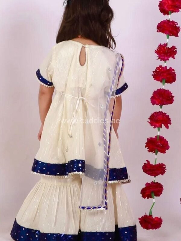 Off white and Indigo Blue Kurta with Sharara and Dupatta - Image 3