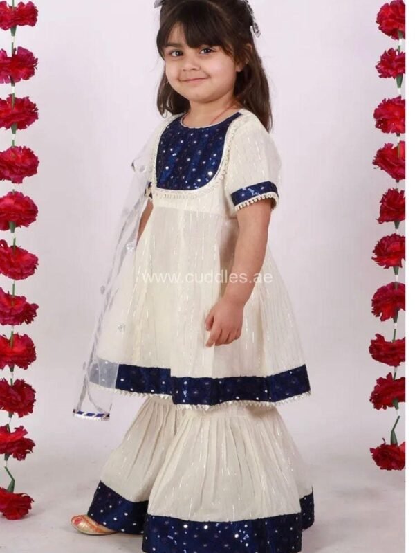 Off white and Indigo Blue Kurta with Sharara and Dupatta - Image 2