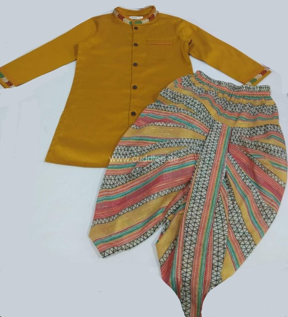 Mustard yellow Embroidered Kurta with Dhoti set - Image 5
