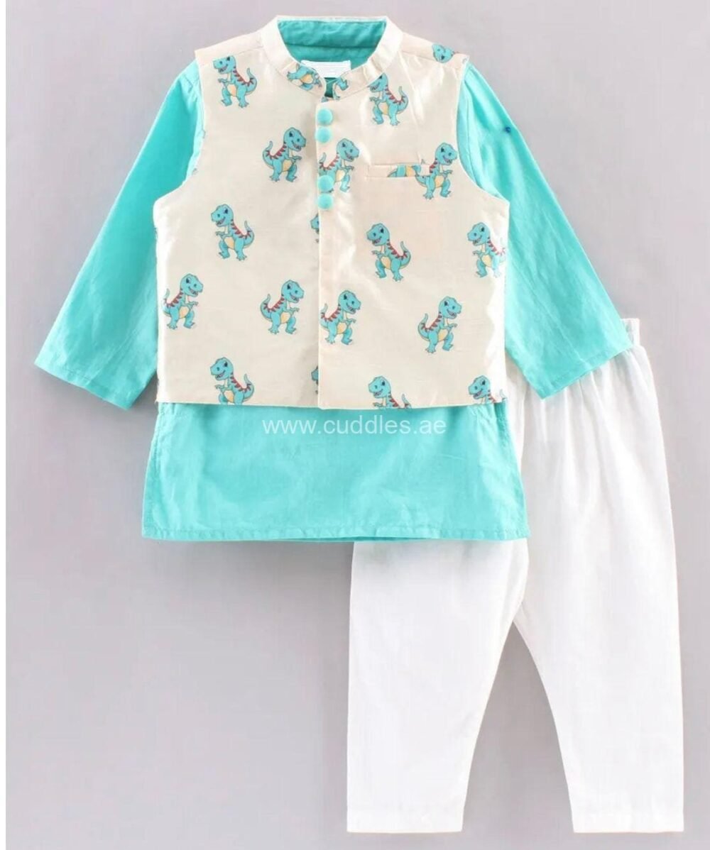 Beautiful Turquoise blue Kurta pajama with Jacket - Image 2