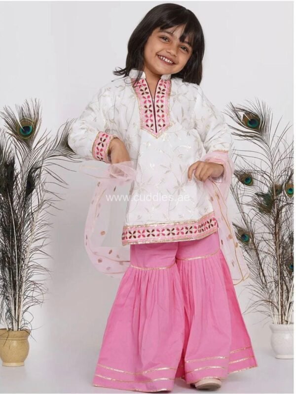 White pink embroidered Kurta with Sharara and Dupatta - Image 4