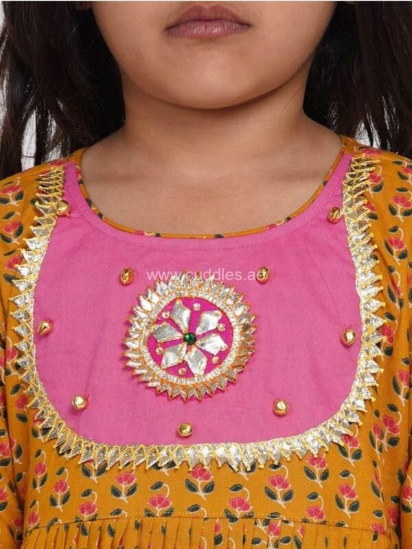 Mustard yellow and pretty pink Jaipuri hand work Kurta with Salwar and Dupatta - Image 4