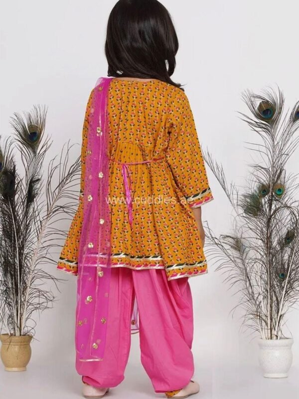 Mustard yellow and pretty pink Jaipuri hand work Kurta with Salwar and Dupatta - Image 3