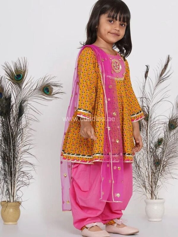 Mustard yellow and pretty pink Jaipuri hand work Kurta with Salwar and Dupatta - Image 2