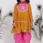 Mustard yellow and pretty pink Jaipuri hand work Kurta with Salwar and Dupatta