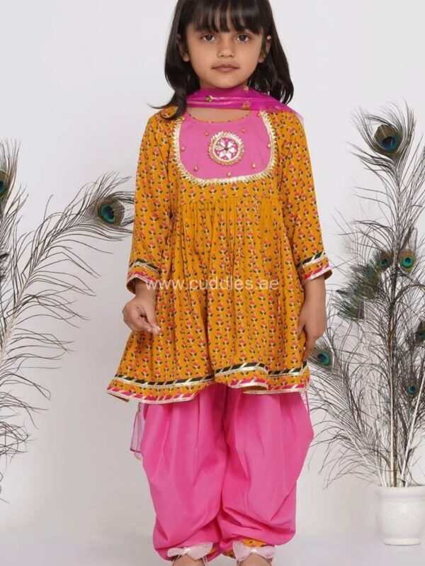 Mustard yellow and pretty pink Jaipuri hand work Kurta with Salwar and Dupatta