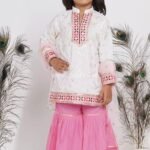 White pink embroidered Kurta with Sharara and Dupatta