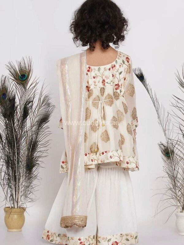 Off white Banarsi Kurta with Sharara and Dupatta - Image 3