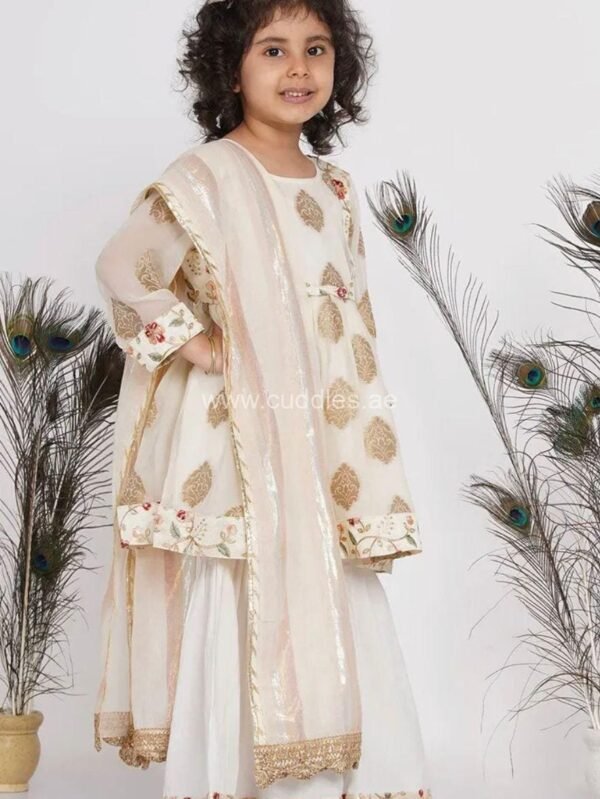 Off white Banarsi Kurta with Sharara and Dupatta - Image 2