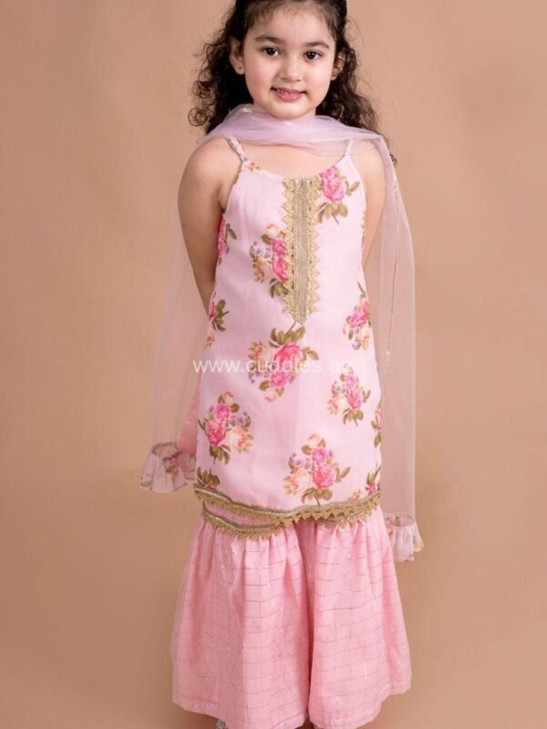 Pink floral printed Kurti with Sharara and Dupatta