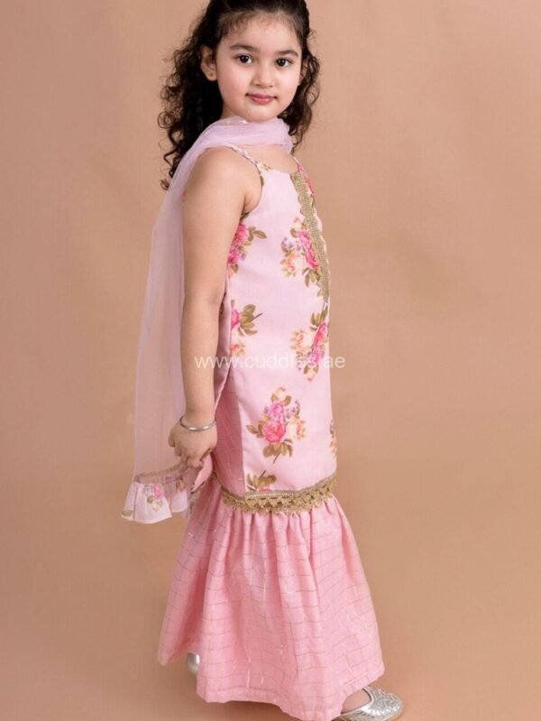 Pink floral printed Kurti with Sharara and Dupatta - Image 2