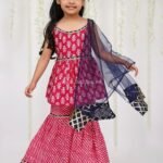 Rani pink and navy blue Ethnic motifs printed Kurti with Sharara and Dupatta set