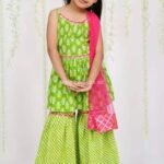 Green and pink Ethnic motifs printed Kurti with Sharara and Dupatta set