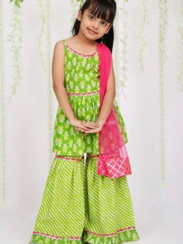 Green and pink Ethnic motifs printed Kurti with Sharara and Dupatta set
