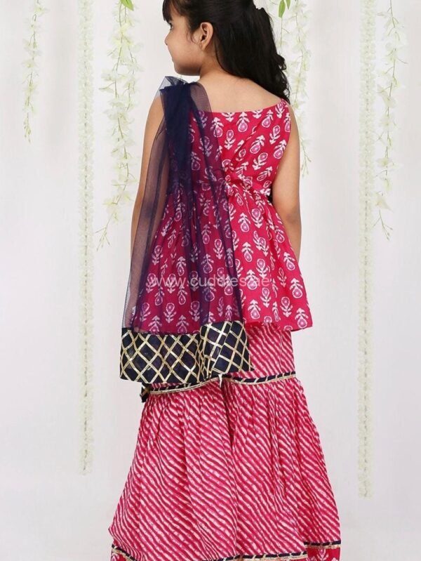 Rani pink and navy blue Ethnic motifs printed Kurti with Sharara and Dupatta set - Image 3