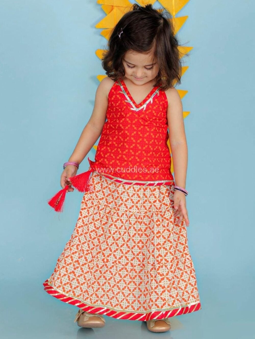 Red ethnic top and skirt set - Image 2