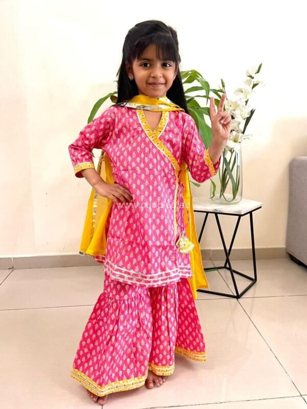 Fuchsia pink Angrakha Kurti with Sharara and Dupatta
