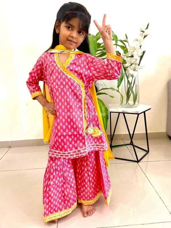 Fuchsia pink Angrakha Kurti with Sharara and Dupatta - Image 2
