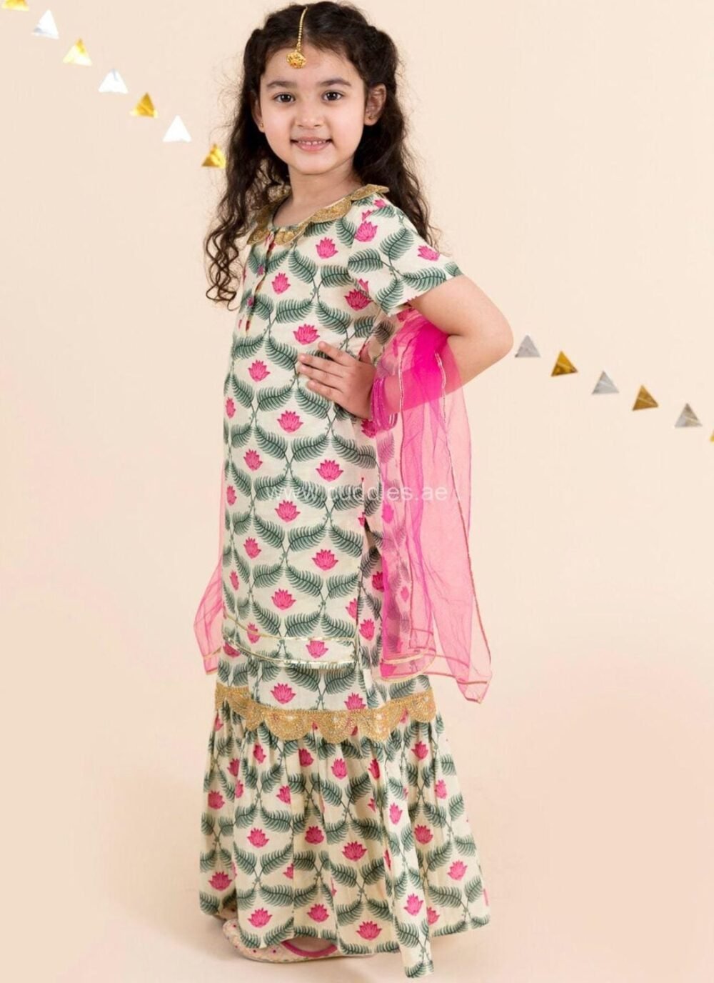 Rosy pink off white lotus print Kurti Skirt set - Image 2