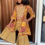 Mustard yellow and maroon Crop top style Kurti with Sharara