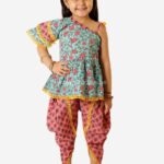 Blue pink Off shoulder Kurti Dhoti set