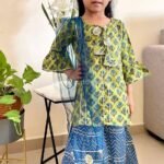 Pista green Floral print Kurti Blue Sharara with Dupatta set