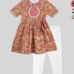 Peach yellow printed Kurti legging set