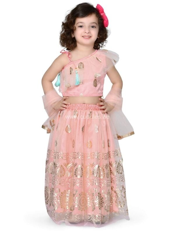 Peach and golden foil print Lehenga Choli set